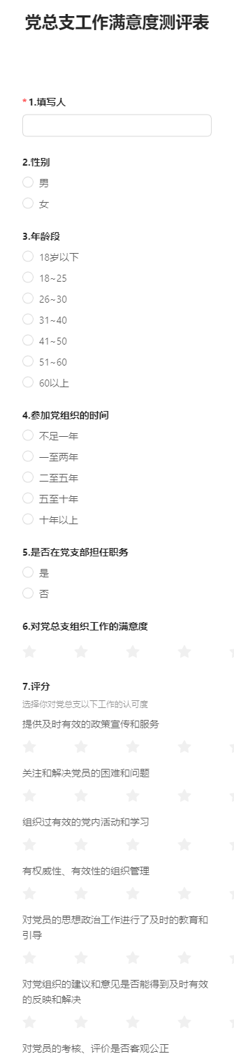 党总支工作满意度测评表